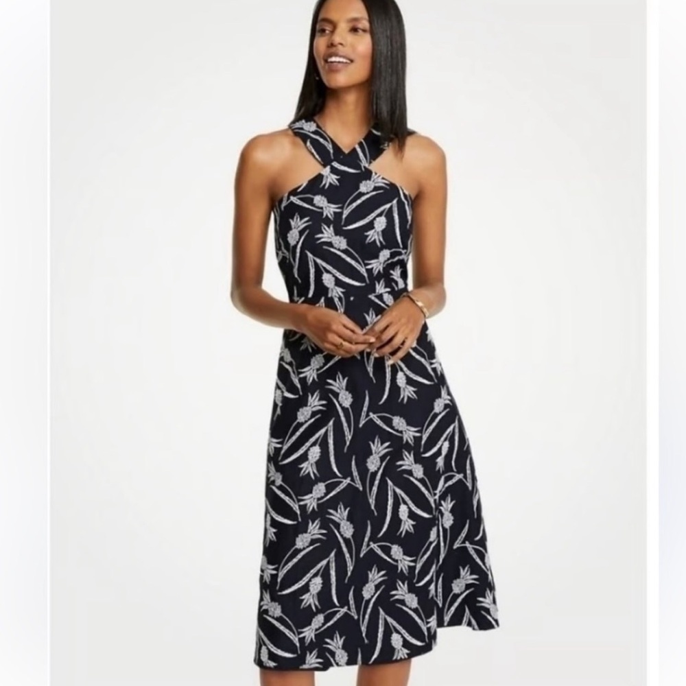 Ann Taylor Women's Size 4 Blue Pineapple Embroidered Halter Midi Dress - Picture 1 of 7
